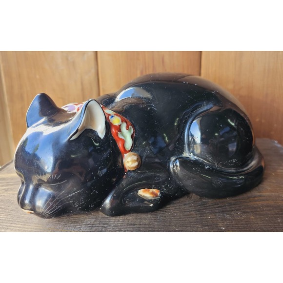 Black Sleeping Cat Antique Japanese Heavy Porcelain